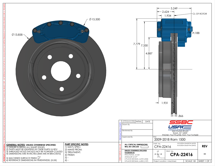 Black SSBC-USA rear caliper upgrade kit for 2009-2018 and 2019-2024 Ram 1500 Classic trucks, includes calipers and mounting hardware.